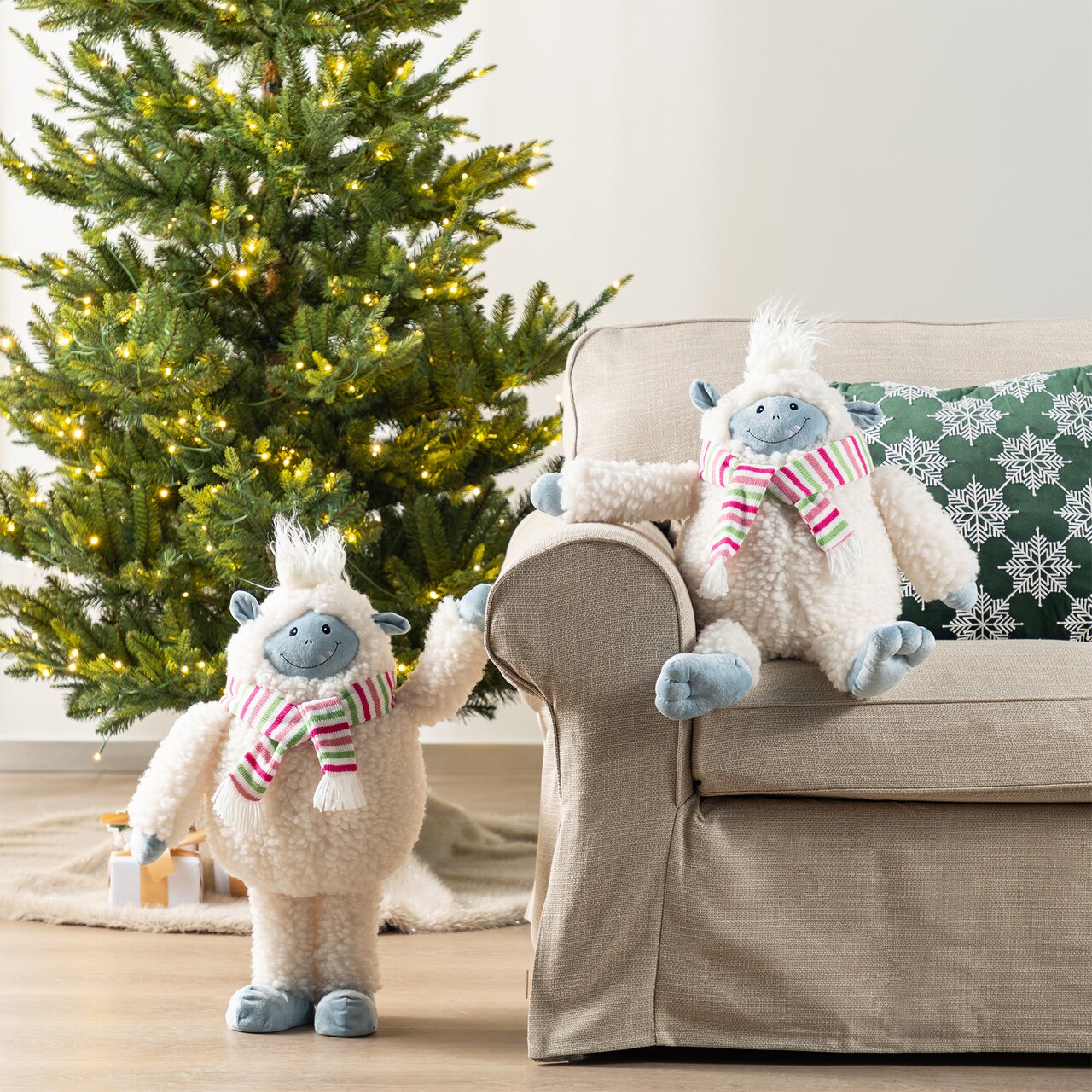 Set of 2 Christmas Fabric Standing and Sitting Yeti With Striped Scarf